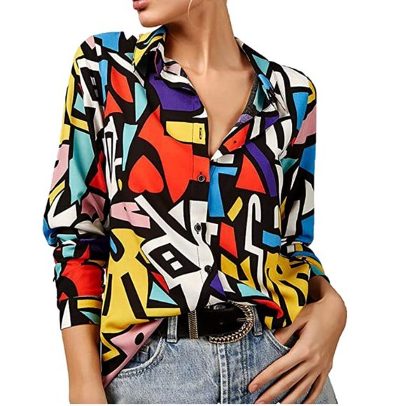 Big Dart Tops - Big Dart Vintage 80s Blouse Colorful Abstract Bonnie Tyler Colorblock Shirt